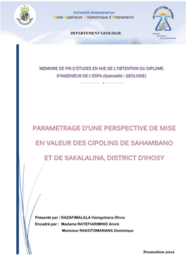 MEMOIRE DE FIN D'etudes EN VUE DE L'obtention DU DIPLOME D'ingenieur DE L'espa (Spécialité : GEOLOGIE)