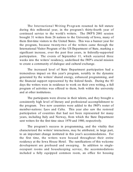 2001 Session Brought 31 Writers from 26 Nations to the University of Iowa, Many of Them First-Time Visitors to the United States