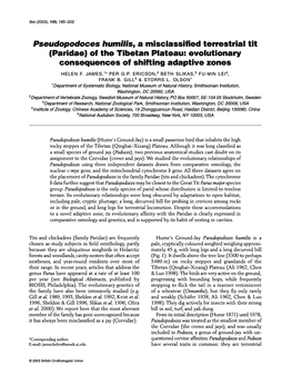 Pseudopodoces Humilis, a Misclassified Terrestrial Tit (Paridae) of Tiie Tibetan Plateau: Evolutionary Consequences of Shifting Adaptive Zones