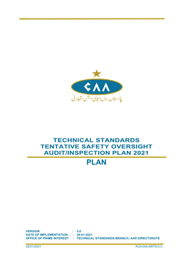 Technical Standards Tentative Safety Oversight Audit/Inspection Plan 2021 Plan