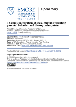 Thalamic Integration of Social Stimuli Regulating