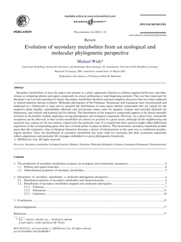 Evolution of Secondary Metabolites from an Ecological and Molecular Phylogenetic Perspective