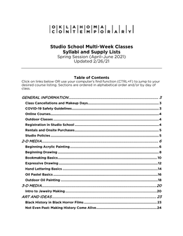 Studio School Multi-Week Classes Syllabi and Supply Lists Spring Session (April–June 2021) Updated 2/26/21