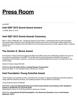 Intel ISEF 2015 Grand Award Winners 11:20AM, May 15, 2015