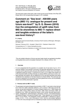 Sea Level ∼400 000 Years Ago (MIS 11): Analogue for Present and Future Sea-Level?” by D