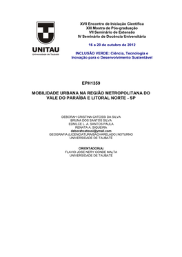 Eph1359 Mobilidade Urbana Na Região Metropolitana Do Vale Do