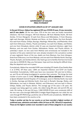 Government of Malawi Press Statement Covid-19