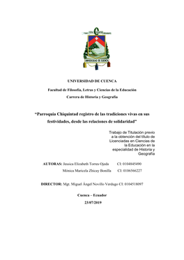 “Parroquia Chiquintad Registro De Las Tradiciones Vivas En Sus Festividades, Desde Las Relaciones De Solidaridad”