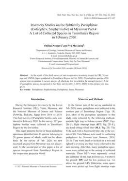 Inventory Studies on the Subfamily Pselaphinae (Coleoptera, Staphylinidae) of Myanmar Part 4: a List of Collected Species in Tanintharyi Region in February 2020