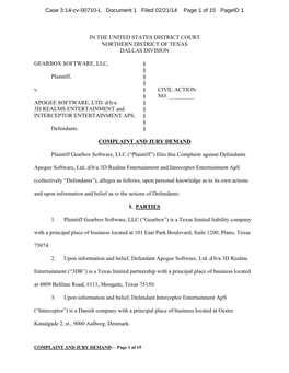 IN the UNITED STATES DISTRICT COURT NORTHERN DISTRICT of TEXAS DALLAS DIVISION GEARBOX SOFTWARE, LLC, Plaintiff, V. APOGEE SOFTW