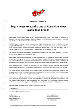 Bega Cheese to Acquire One of Australia's Most Iconic Food Brands