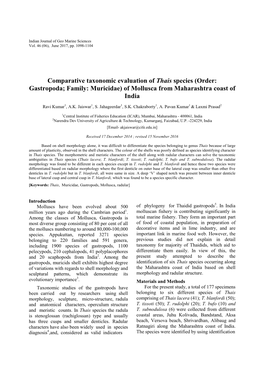 Comparative Taxonomic Evaluation of Thais Species (Order: Gastropoda; Family: Muricidae) of Mollusca from Maharashtra Coast of India