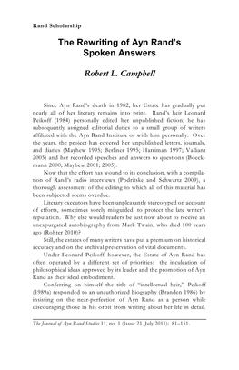 The Rewriting of Ayn Rand's Spoken Answers Robert L. Campbell