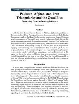 Pakistan–Afghanistan–Iran Triangularity and the Quad Plus Countering China’S Growing Influence