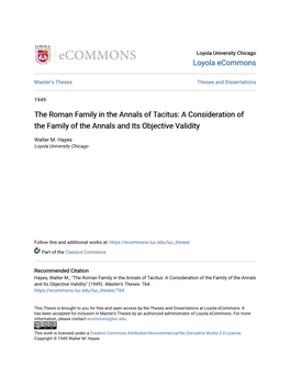 The Roman Family in the Annals of Tacitus: a Consideration of the Family of the Annals and Its Objective Validity