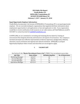 EEO Public File Report Vizella Media, LCC WPIE (AM), Trumansburg, NY W296CP W296DH Ithaca, NY February 1, 2017 – January 31, 2018