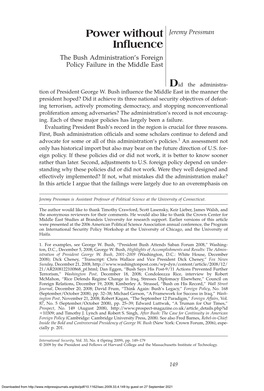 Power Without Inºuence Power Without Jeremy Pressman Inºuence the Bush Administration’S Foreign Policy Failure in the Middle East