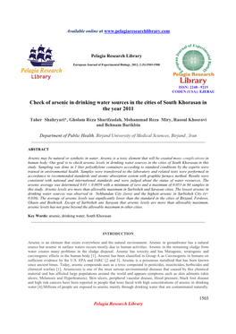 Check of Arsenic in Drinking Water Sources in the Cities of South Khorasan in the Year 2011