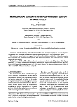 IMMUNOLOGICAL SCREENING for SPECIFIC PROTEIN CONTENT in BARLEY SEEDS by ULLA RASMUSSEN