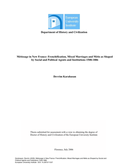 Frenchification, Mixed Marriages and Métis As Shaped by Social and Political Agents and Institutions 1508-1886