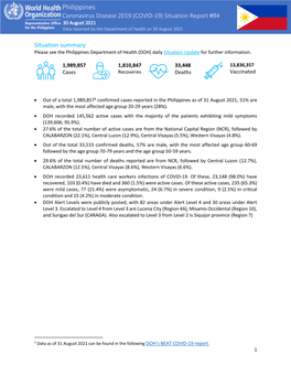 Philippines Coronavirus Disease 2019 (COVID-19) Situation Report #84 30 August 2021 Data Reported by the Department of Health on 30 August 2021