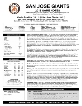 2018 GAME NOTES 588 East Alma Ave Ÿ San Jose, CA 95112 Ÿ Phone: 408-297-1435 Ÿ Sjgiants.Com Class a Advanced Affiliate of the San Francisco Giants