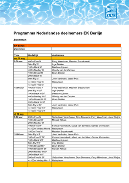 Programma Nederlandse Deelnemers EK Berlijn