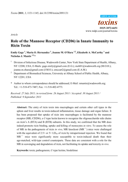 Role of the Mannose Receptor (CD206) in Innate Immunity to Ricin Toxin