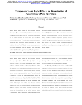 Temperature and Light Effects on Germination of Peronospora Effusa Sporangia