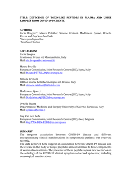 Title: Detection of Toxin-Like Peptides in Plasma and Urine Samples from Covid-19 Patients