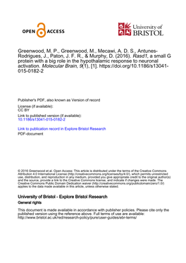 Rasd1, a Small G Protein with a Big Role in the Hypothalamic Response to Neuronal Activation