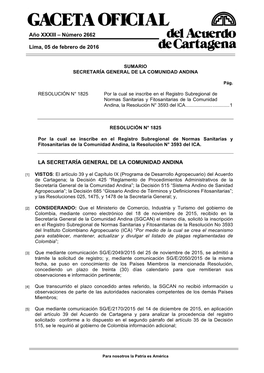 Año XXXIII – Número 2662 Lima, 05 De Febrero De 2016 LA SECRETARÍA GENERAL DE LA COMUNIDAD ANDINA