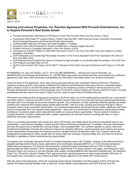 Gaming and Leisure Properties, Inc. Reaches Agreement with Pinnacle Entertainment, Inc