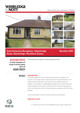 Semi-Detached Bungalow: Stambridge Road, Stambridge, Rochford, Essex, Monthly £895 RAYLEIGH OFFICE 01268 783377