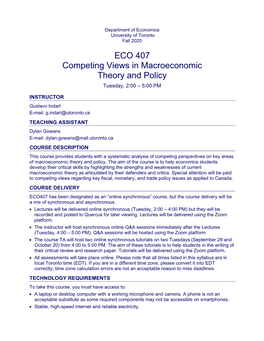 ECO 407 Competing Views in Macroeconomic Theory and Policy Tuesday, 2:00 – 5:00 PM