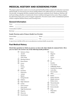 Medical History and Screening Form