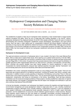 Hydropower Compensation and Changing Nature-Society Relations in Laos Written by W