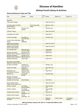 Diocese of Hamilton Bishop Farrell Library & Archives Items by Resource Type and Title