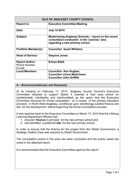 Modernising Anglesey Schools – Report on the Recent Consultaion Conducted in the ‘Llannau’ Area Regarding a New Primary School