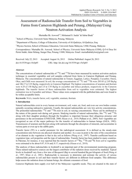 Assessment of Radionuclide Transfer from Soil to Vegetables in Farms from Cameron Highlands and Penang, (Malaysia) Using Neutron Activation Analysis