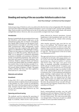 Breeding and Rearing of the Sea Cucumber Holothuria Scabra in Iran Abdul-Reza Dabbagh1* and Mohammad Reza Sedaghat1