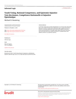 Youth Voting, Rational Competency, and Epistemic Injustice Vote Des Jeunes, Compétence Rationnelle Et Injustice Épistémique Michael D