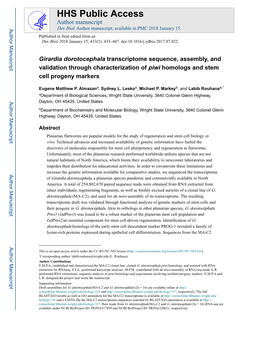 Girardia Dorotocephala Transcriptome Sequence, Assembly, and Validation Through Characterization of Piwi Homologs and Stem Cell Progeny Markers