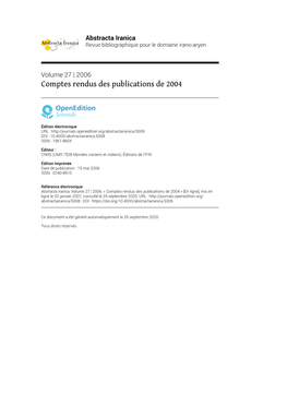 Abstracta Iranica, Volume 27 | 2006, « Comptes Rendus Des Publications De 2004 » [En Ligne], Mis En Ligne Le 02 Janvier 2007, Consulté Le 25 Septembre 2020
