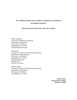 The Evolution of Human Incest Avoidance Mechanisms: an Evolutionary Psychological Approach