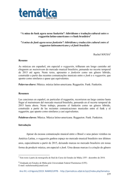 Hibridismo E Tradução Cultural Entre O Reggaetón Latino-Americano E O Funk Brasileiro1
