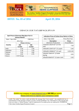 IBTEX No. 85 of 2016 April 29, 2016