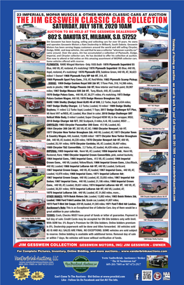 The Jim Gesswein Classic Car Collection Saturday, July 18Th, 2020 10Am Auction to Be Held at the Gesswein Dealership