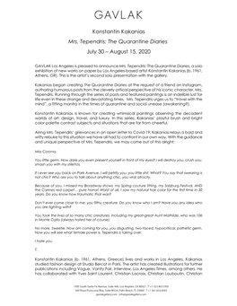 Konstantin Kakanias Mrs. Tependris: the Quarantine Diaries July 30 – August 15, 2020