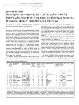 Autologous Hematopoietic Stem Cell Transplantation for Intravascular Large B-Cell Lymphoma: the European Society for Blood and Marrow Transplantation Experience